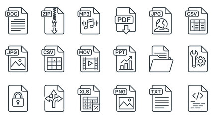 Common file type icons for documents audio video compressed and image formats. © GW