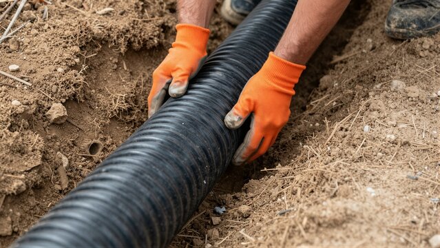 Close-up of a worker's hands in orange gloves placing a black corrugated pipe into a trench. The surrounding area is filled with loose soil and dirt, indicating an outdoor construction site.