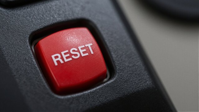 Close-up of a red reset button on black equipment, indicating system reboot or troubleshooting.