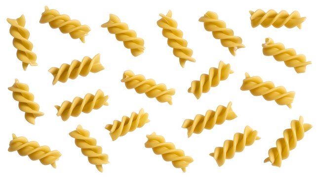Uncooked Fusilli Pasta Spiral Shape Golden Yellow Durum Wheat on White Background Highlighting Texture Italian Culinary Ingredient Concept