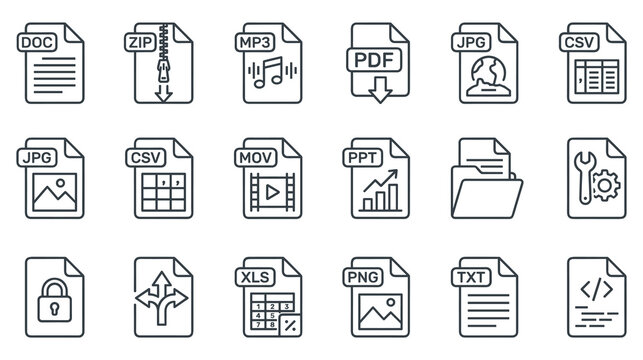 Common file type icons for documents audio video compressed and image formats.
