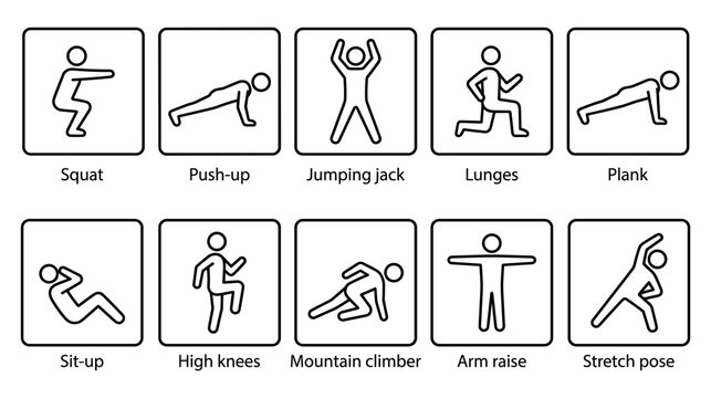 Fitness workout icons exercise routine healthy lifestyle body movements training.