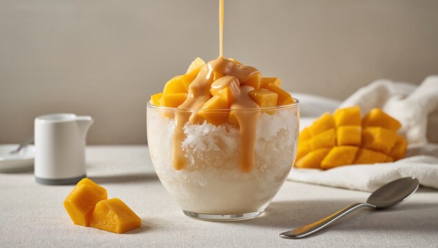 Mango bingsu with finely shaved ice topped with fresh mango pieces, presented with a refreshing texture and vibrant tropical appearance