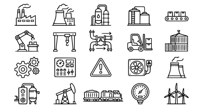 Industrial factory outline icon set with linear editable stroke including plant machinery and production symbols vector