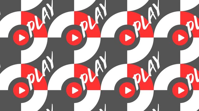 A dynamic loop showcases a patterned background with repeating "play" symbols. The design features geometric shapes and contrasting colors.