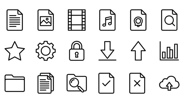 Outline file and folder icons featuring documents, media, and tools.