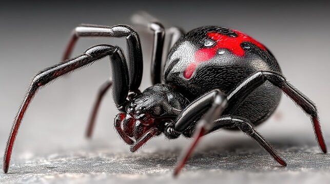 Close-up of a black widow spider with a distinctive red hourglass marking on its abdomen.