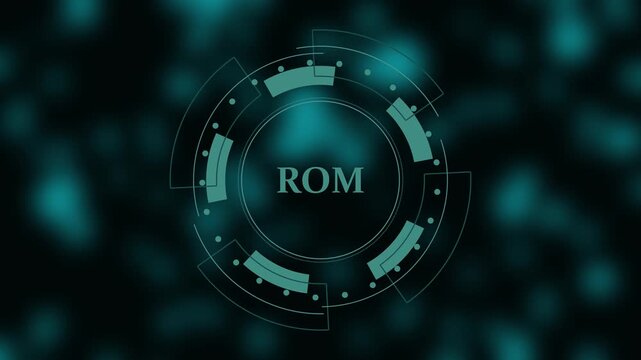 Digital HUD Element Featuring ROM Acronym Against a Blurred Teal Backdrop interface futuristic