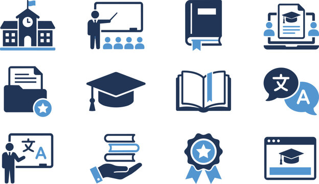 Education icons set in blue flat style for learning and academic purposes