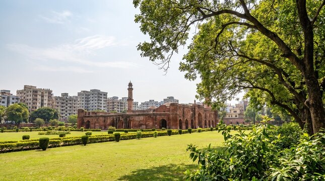 Historical katra masjid in murshidabad, west bengal, india, surrounded by lush green gardens and modern residential buildings in the background