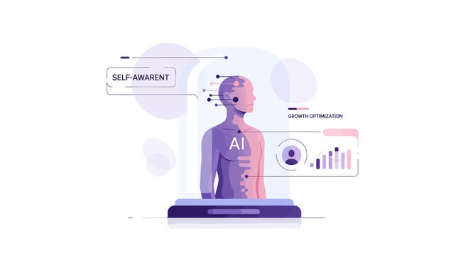 AI human hologram with self-awareness interface, futuristic technology concept