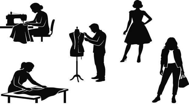 Fashion design silhouettes illustrating sewing, pattern making, garment fitting, and finished clothing concepts