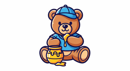 Naklejka premium Cute cartoon bear eating honey from a pot.