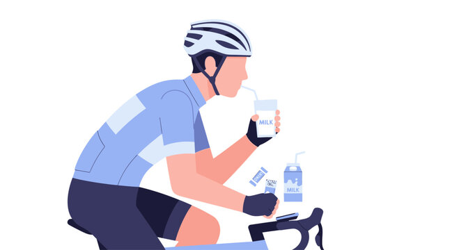 Cyclist drinking milk from bottle during cycling break, healthy recovery drink