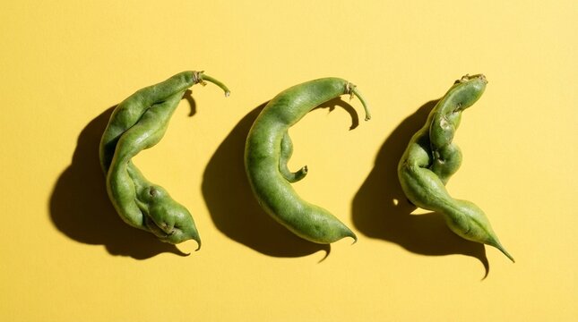 Three curved green pods on bright yellow background, minimal food still life with strong shadows, fresh organic produce for cooking and nutrition themes