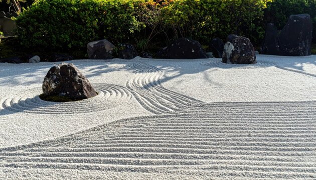 Serene Japanese Zen Garden with Raked Sand and Boulders.
