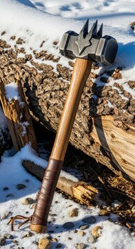Heavy Spiked Iron Warhammer Weapon on Wooden Logs