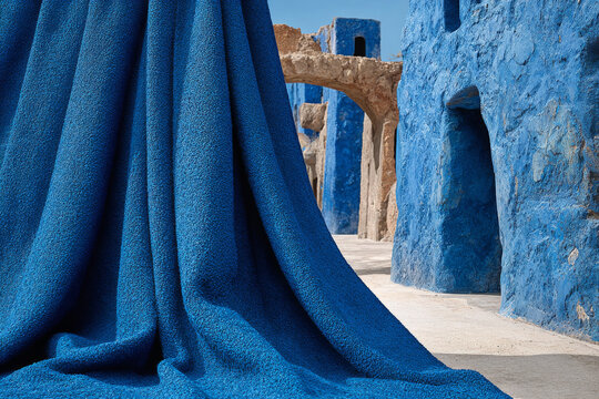 Blue fabric draping beside abstract blue architecture
