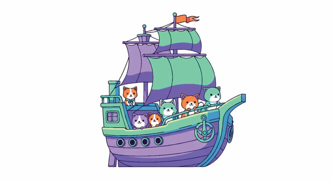 Cute cartoon animals sailing on a pirate ship illustration.