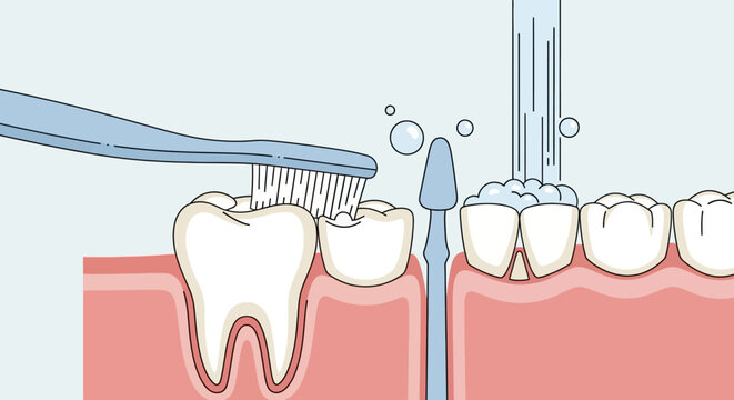 Dental hygiene with toothbrush and water.