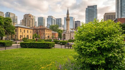 Obraz premium St james park in toronto, ontario, featuring the historic st james cathedral and surrounding modern skyscrapers under a cloudy sky