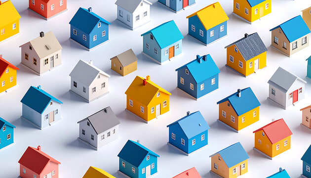 A colorful pixelated pattern of isometric houses, representing housing market, real estate, community, urban development, and property ownership.