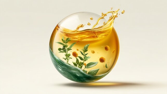 A vibrant orb filled with yellow liquid and botanical elements, creating a refreshing look.