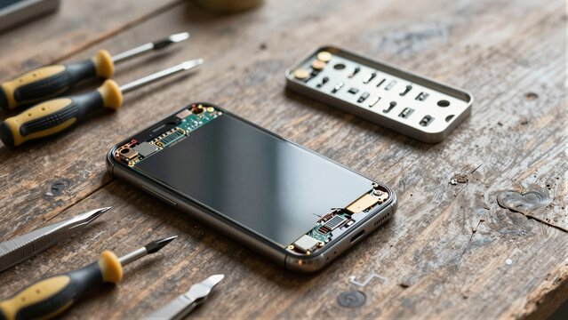 A disassembled smartphone lies on a rustic wooden surface amidst various repair tools and components, showcasing the intricate inner workings.