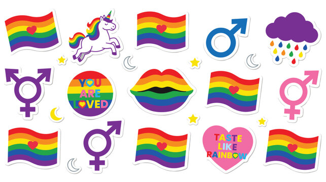 Rainbow pride icons and symbols for lgbtq celebration diversity and love.