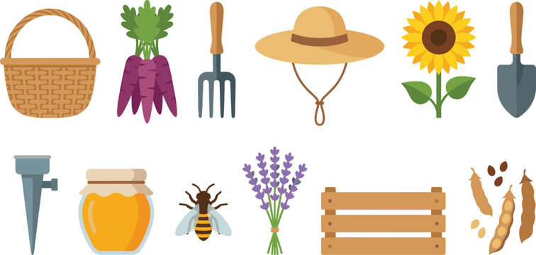 Gardening and Beekeeping Tools Set with Sunflowers, Carrots, Honey, and Farming Accessories for Organic Farming Projects
