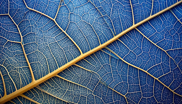 Detailed macro photograph of a blue leaf skeleton with a prominent golden vein, showing intricate natural patterns and textures, abstract nature background.