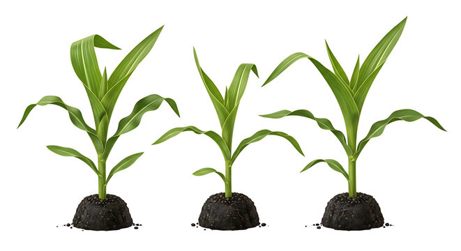 Three young corn plants isolated on transparent background showing early growth stages.