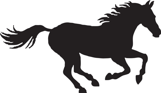 Minimalist black and white vector silhouette of a horse running across grass with galloping silhouette stallion powerful movement graceful equestrian minimalist contrast  and Wild Galloping Stallion I