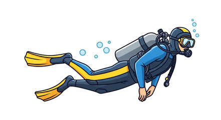 Scuba Diver Swimming Underwater with Bubbles. © Mutmainah