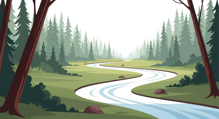 Naklejka premium Serpentine River Winding Through a Lush Green Forest Landscape.