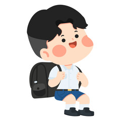 Fototapeta premium Happy Boy With Backpack Ready For School Journey