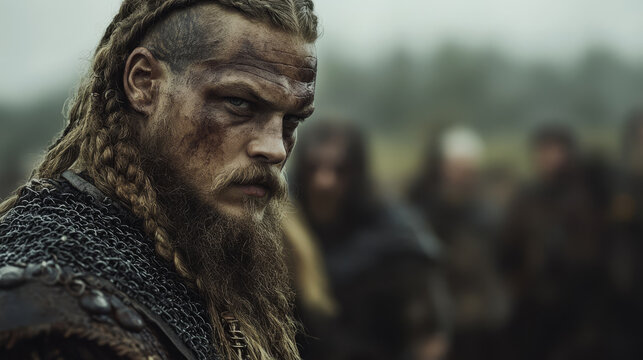 Intense Viking warrior with braided hair and chainmail armor stares ahead