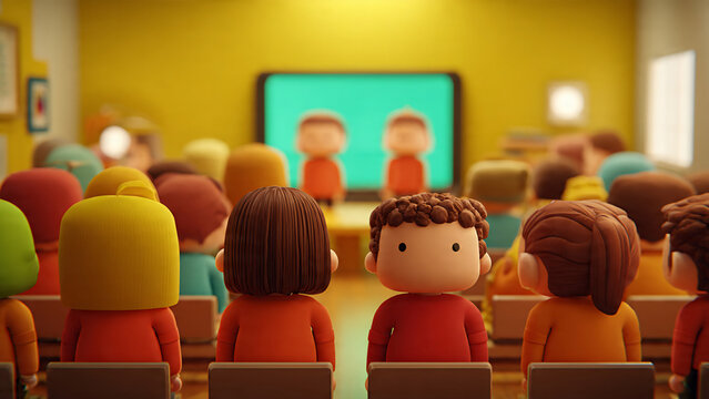 3D cartoon students with diverse hairstyles and orange tops seated in a bright yellow classroom, watching two presenters on a glowing cyan screen