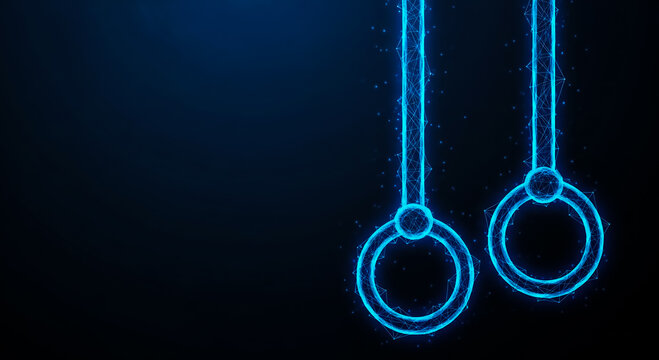 Abstract digital handcuffs glowing in blue on a dark background, symbolizing technology, security, or digital imprisonment.