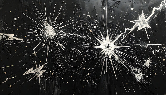 Abstract cosmic explosion with starbursts and glowing particles on a dark textured background, symbolizing space and the universe