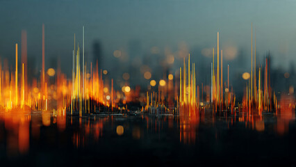 Naklejka premium Abstract golden vertical light streaks with bokeh and reflections on dark teal background, cinematic digital art, suitable for technology