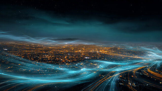 Abstract glowing blue and orange light trails over illuminated night cityscape, long exposure, concept for technology background, digital