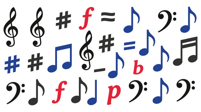 Musical notes and symbols isolated on white background.
