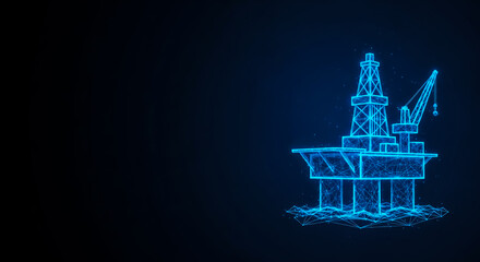 Fototapeta premium A glowing, neon-blue wireframe of an offshore oil rig platform on a deep, dark background, emphasizing modern technology and energy infrastructure.