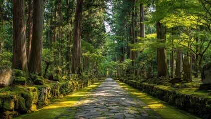Naklejka premium Ancient Stone Path Lined with Mossy Rocks and Tall Trees in a Serene Forest.
