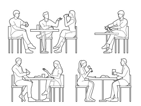 set of people dining side view drawings outline architectural, group of friends eating and talking in restaurant concept. black minimalist line art illustration for architectural elevation, section.