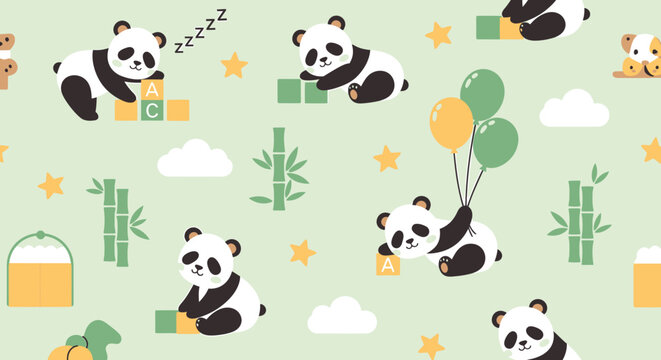 Cute cartoon panda bear seamless pattern with bamboo and balloons.