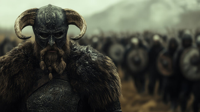 Fierce Viking warrior with horned helmet and beard leads his army into battle
