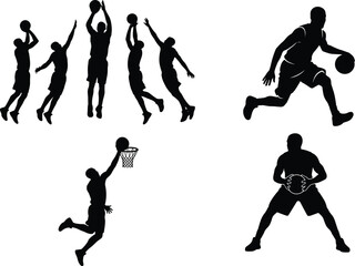 Set of Basketball Player Silhouettes Featuring Athletes Jumping Shooting Dribbling and Dunking in Action Isolated on White © Shahidul