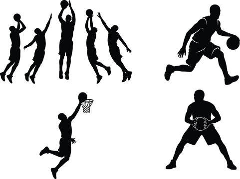 Set of Basketball Player Silhouettes Featuring Athletes Jumping Shooting Dribbling and Dunking in Action Isolated on White